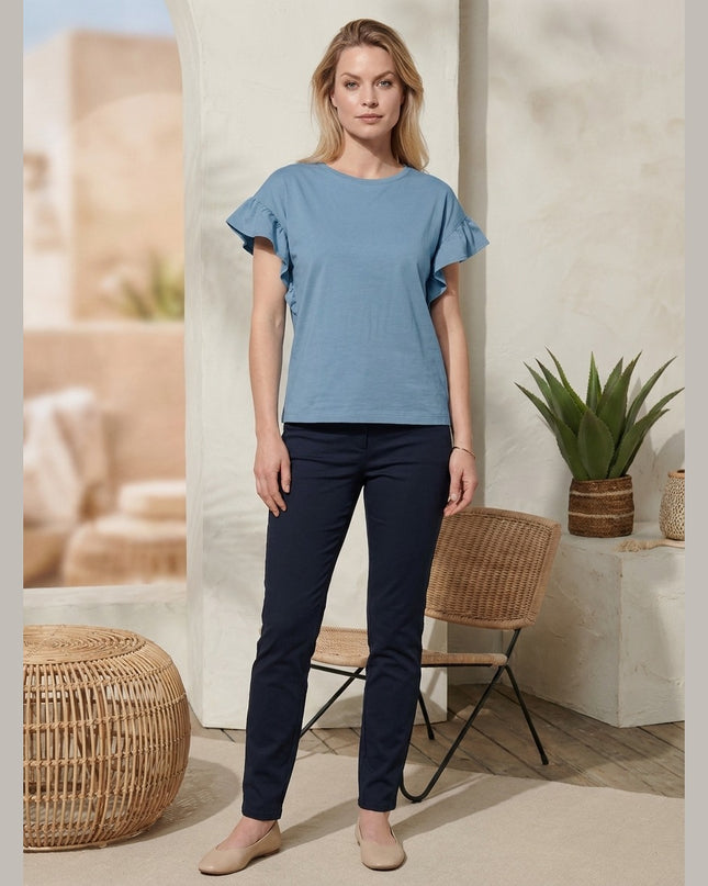 Maicë me volan e kaltër tymi për Femra - Model Front