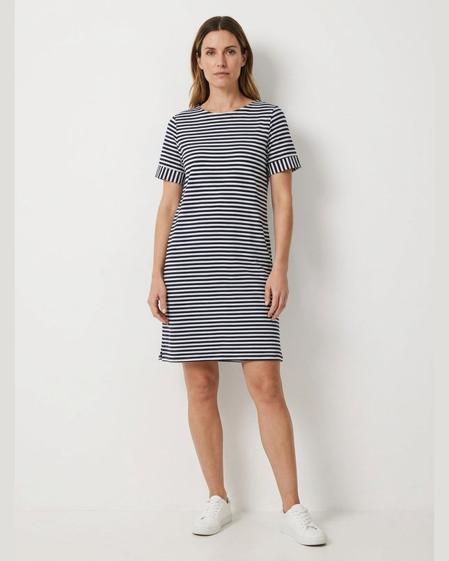 Fustan xhersi me vija të kaltra të mbyllta dhe krem për Femra - Model Front