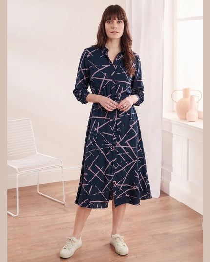 Fustan këmishë të kaltër të errët me print livandë për Femra - Model Front