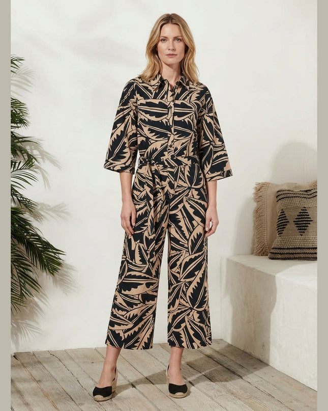 Kombinizon i zi me print gjethe palme bezhë për Femra - Model Front