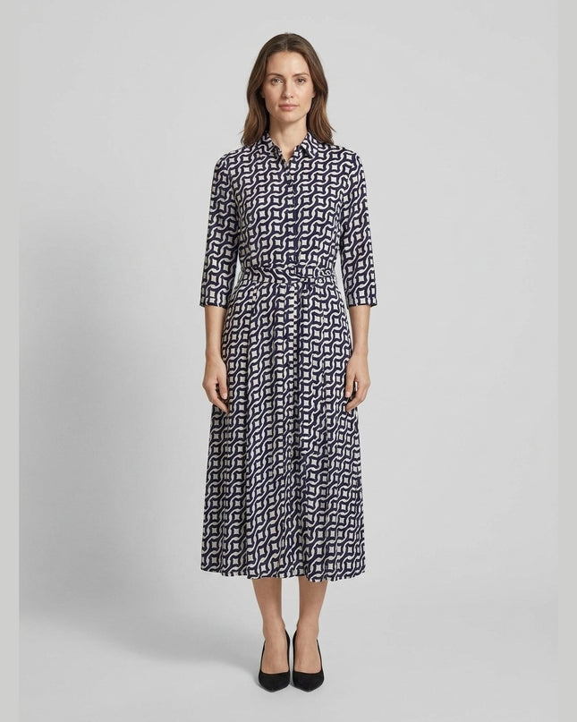 Fustan Këmishë Kaltër i Errët-Krem për Femra - Model Front