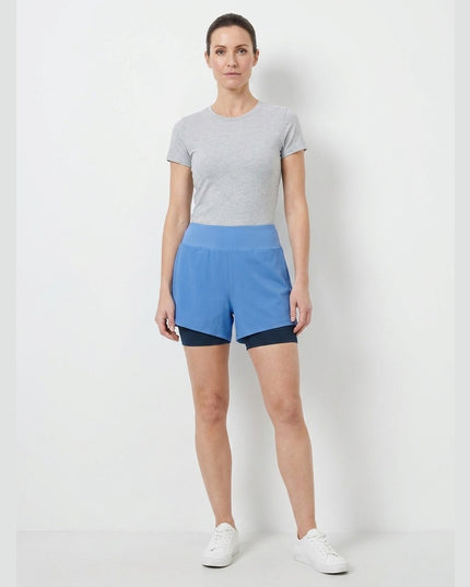 Shorte vrapimi 2 në 1 të kaltra qielli për Femra - Model Front