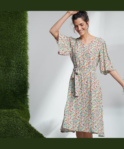 Fustan Midi me Print Lulesh për Femra - Modele Përpara