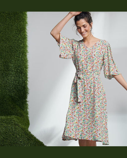 Fustan Midi me Print Lulesh për Femra - Modele Përpara