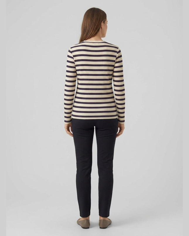 Maicë me mëngë të gjata me rip me vija krem, të kuqe të mbyllët dhe të kaltër të mbyllët për Femra - Model Back