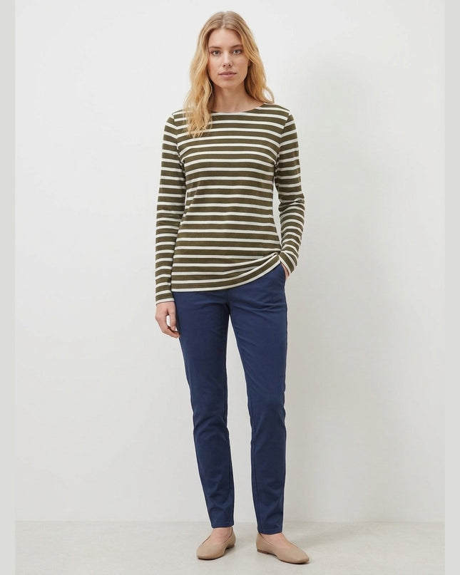 Maicë me mëngë të gjata me vija kaki-krem për Femra - Model Front
