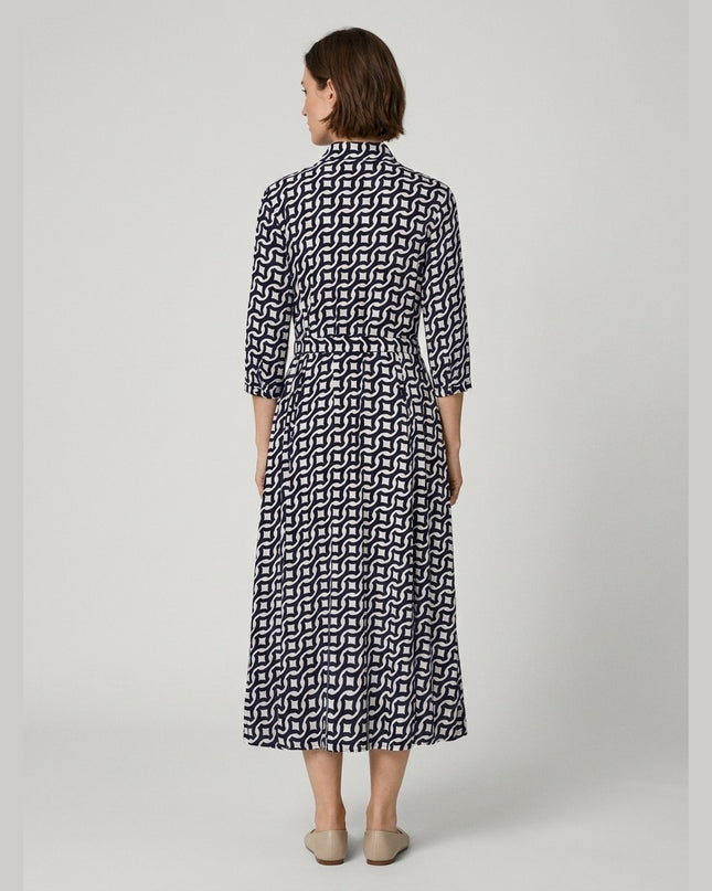 Fustan Këmishë Kaltër i Errët-Krem për Femra - Model Back