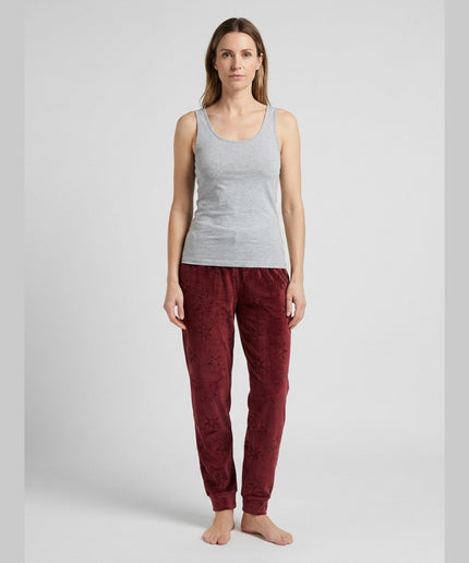 Pantallona pizhame prej veluri bordo me model yjesh për Femra - Model Front