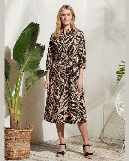 Fustan Poplin me Print Palme për Femra - Model Front