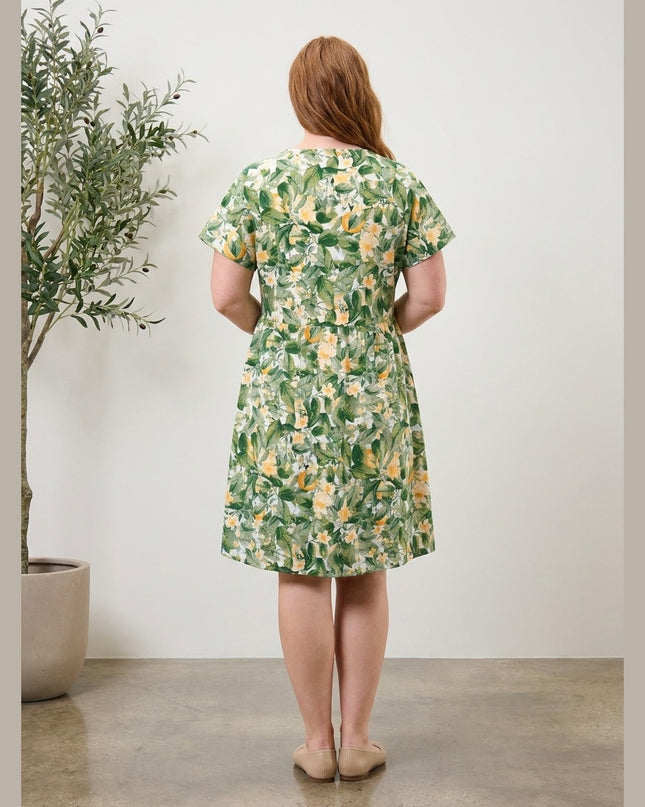 Fustan Jersey i bardhë me print gjelbër-verdhë për Femra - Model Back
