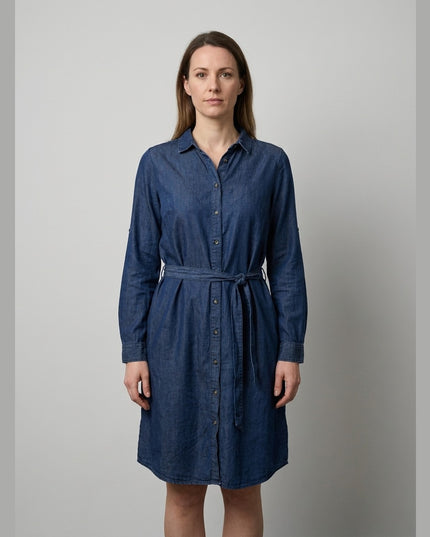 Fustan-këmishë blu i errët për Femra - Model Front
