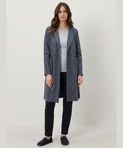 Mantel shtëpie ngjyrë kaltër e mbyllur me print për Femra - Model Front