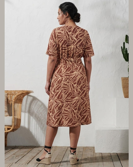 Fustan Jersey Terakota me Print Gjethe Palme Bezhë për Femra - Model Back