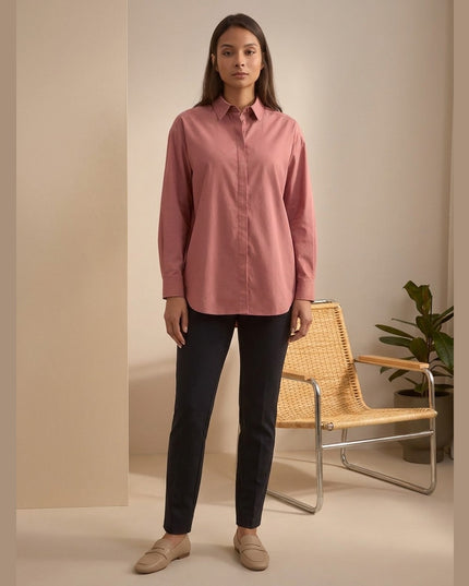 Blusë këmishë rozë trëndafili për Femra - Model Front