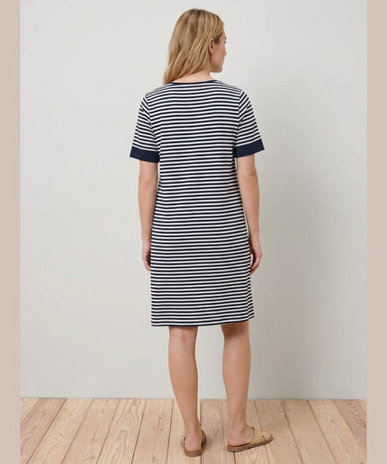 Fustan jersey me vija kaltër e errët-krem për Femra - Model Back