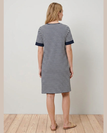 Fustan jersey me vija kaltër e errët-krem për Femra - Model Back