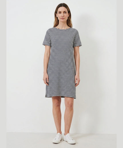 Fustan jersey me vija kaltër e errët-krem për Femra - Model Front