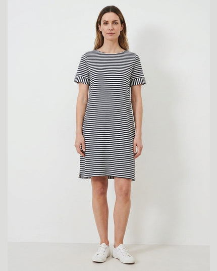 Fustan jersey me vija kaltër e errët-krem për Femra - Model Front