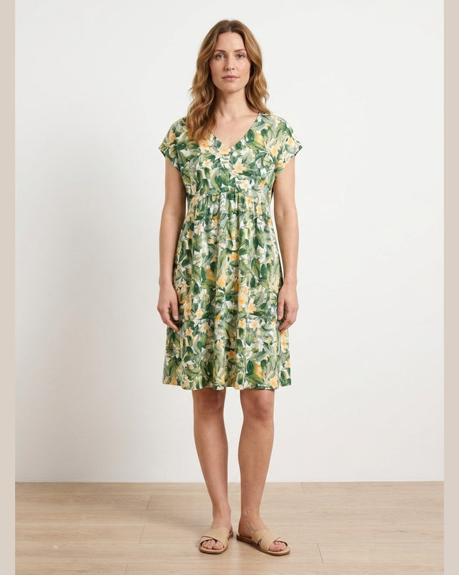Fustan Jersey i bardhë me print gjelbër-verdhë për Femra - Model Front