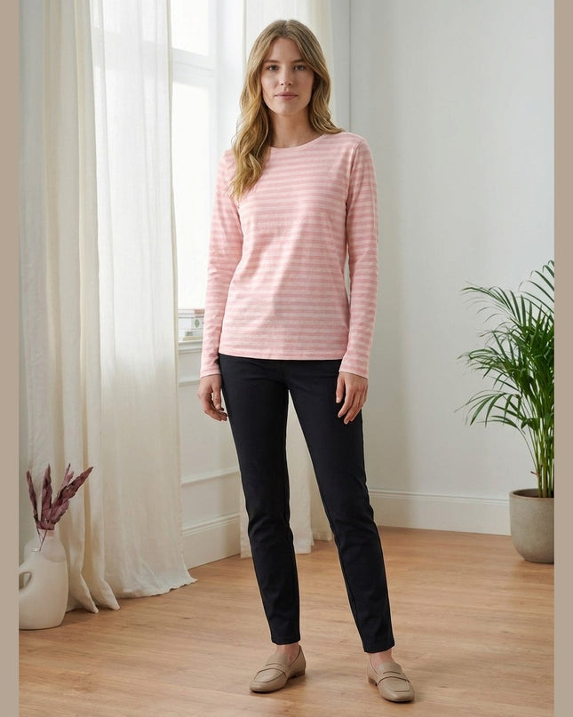 Maicë me mëngë të gjata me vija rozë dhe të bardha për Femra - Model Front
