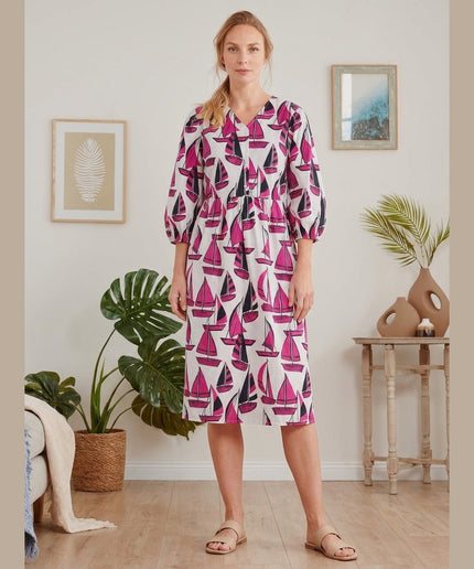 Fustan Midi krem me print për Femra - Model Front