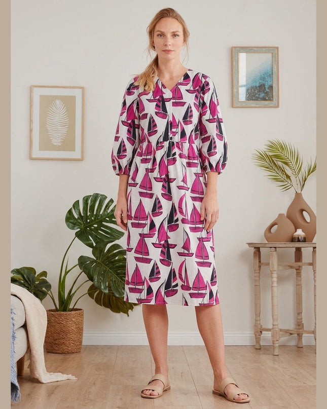 Fustan Midi krem me print për Femra - Model Front