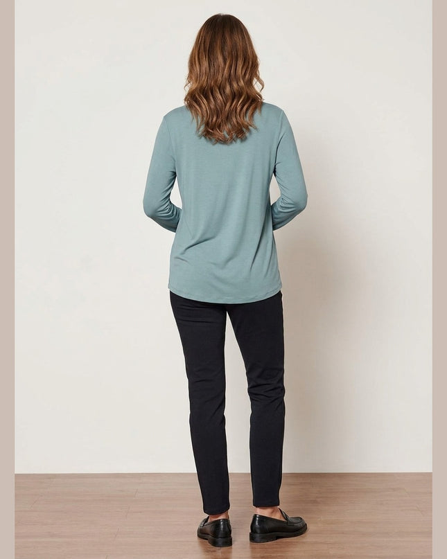 Maicë me mëngë të gjata dhe jakë V ngjyrë kaltër e mbyllur për Femra - Model Back