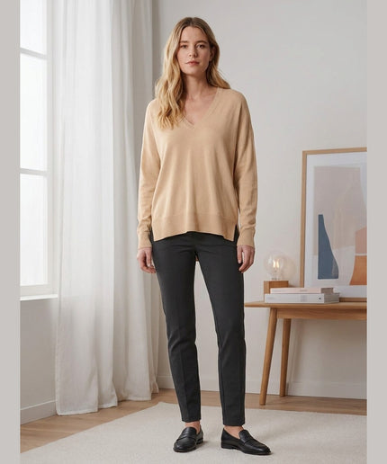 Pulovër me thurje të imët bezhë për Femra - Model Front