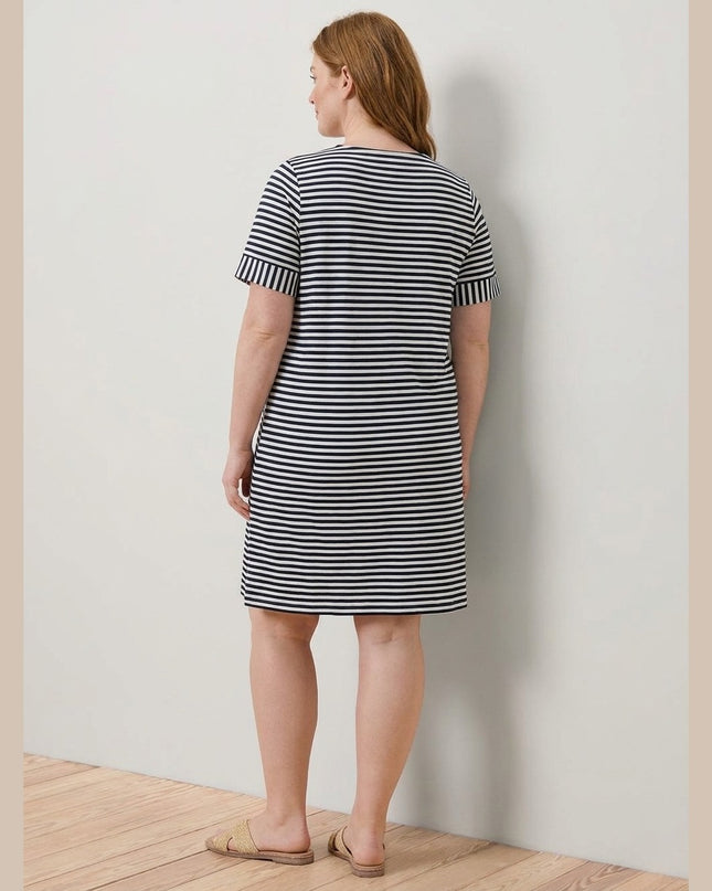 Fustan xhersi me vija të kaltra të mbyllta dhe krem për Femra - Model Back