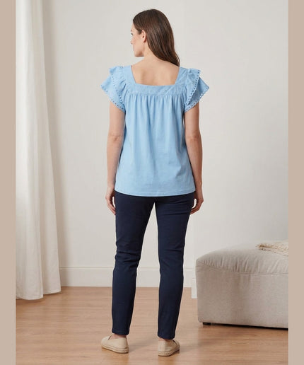 Maicë me qëndisje e kaltër e hapur për Femra - Model Back