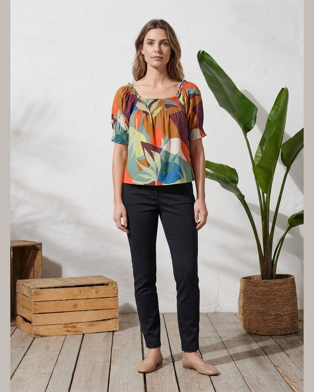 Bluzë me mëngë të fryra me print shumëngjyrësh gjethesh për Femra - Model Front