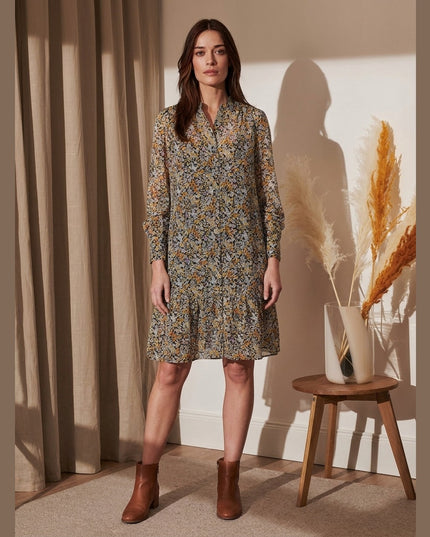 Fustan këmishë i zi me print shumëngjyrësh për Femra - Model Front