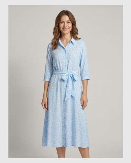 Fustan-Këmishë Blu e Çelët me Print për Femra - Modele Përpara