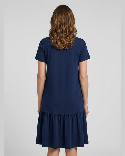 Fustan Xhersej me Volan Blu e Errët - Model Back