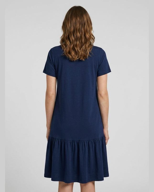 Fustan Xhersej me Volan Blu e Errët - Model Back