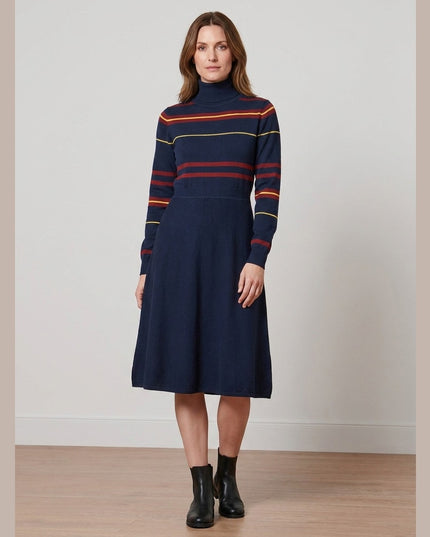 Fustan i thurur kaltër e errët me vija shumëngjyrëshe për femra - Model Front