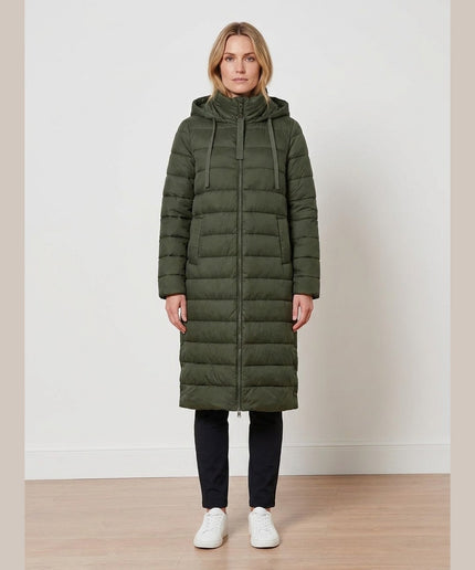 Mantel me tegela me kapuç ngjyrë ulliri e errët për Femra - Model Front