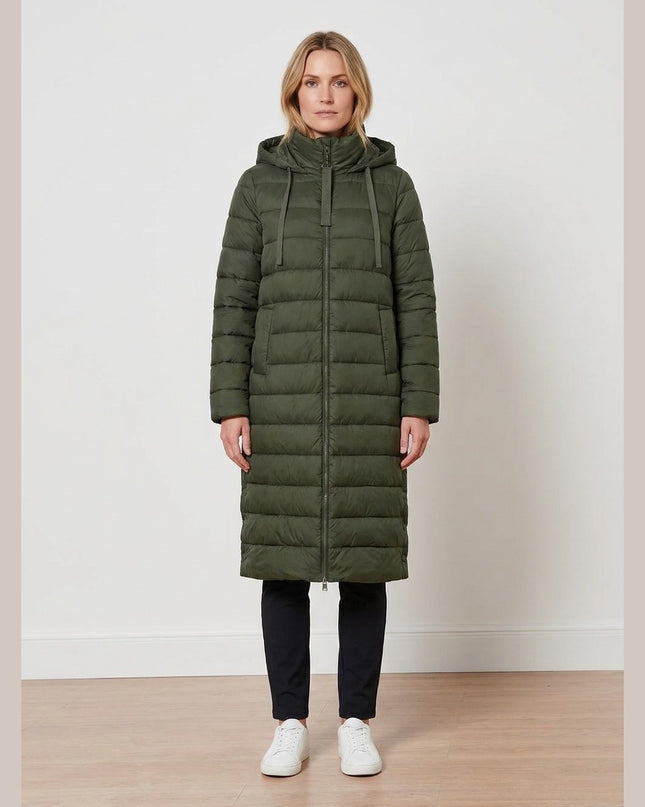 Mantel me tegela me kapuç ngjyrë ulliri e errët për Femra - Model Front