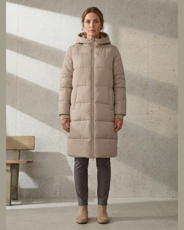 Pallto me tegela me kapuç bezhë për Femra - Model Front