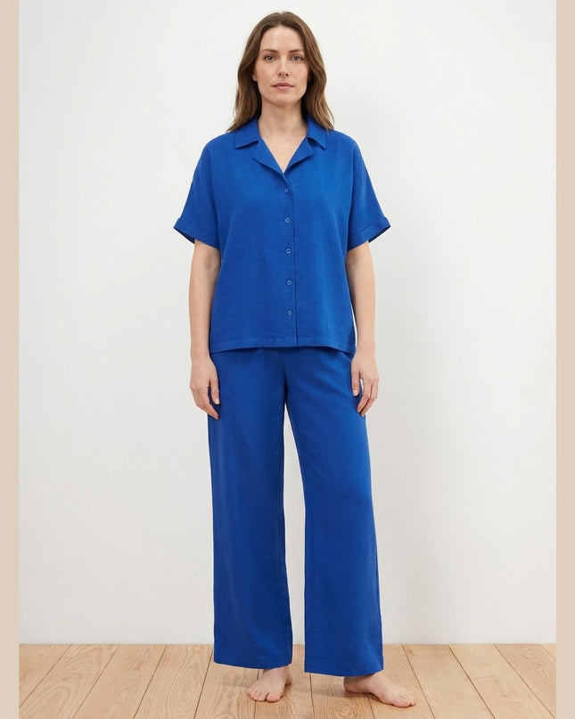 Pizhame prej liri ngjyrë kaltër mbretërore për Femra - Model Front