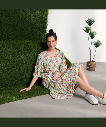 Fustan Midi me Print Lulesh për Femra - Modele Prapa