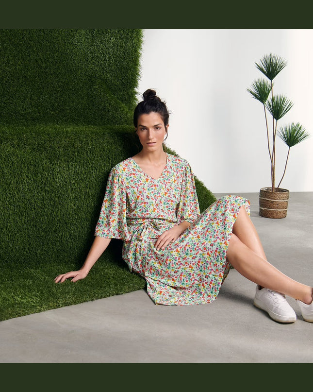 Fustan Midi me Print Lulesh për Femra - Modele Prapa