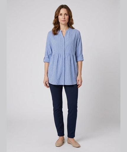 Bluzë e gjatë me vija blu e bardhë për femra - Model Front