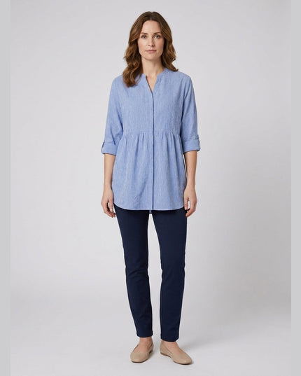 Bluzë e gjatë me vija blu e bardhë për femra - Model Front