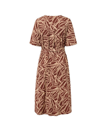Fustan Jersey Terakota me Print Gjethe Palme Bezhë për Femra - Ghost Back