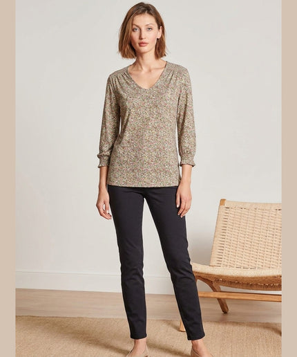 Bluzë me mëngë 3/4 shumëngjyrëshe me print floral për Femra - Model Front