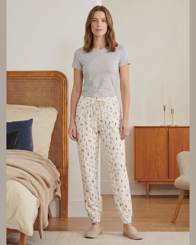 Pantallona Relax krem me print për Femra - Model Front
