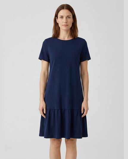 Fustan Xhersej me Volan Blu e Errët - Model Front